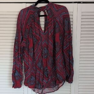 Free People Red and Blue Patterned Boho Blouse